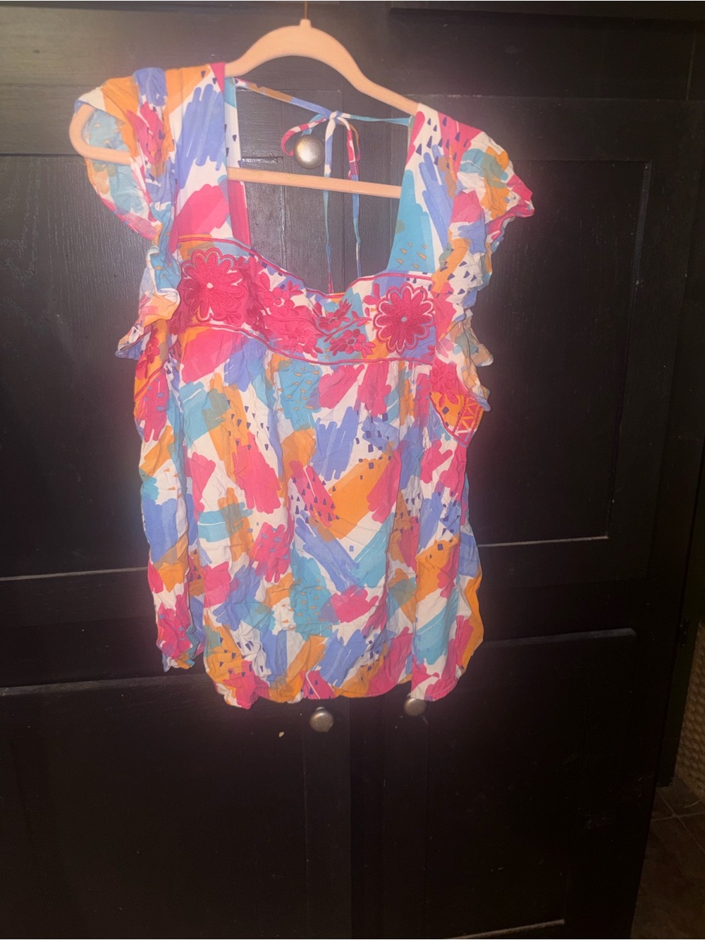 Savanna Jane Multicolor Floral-Accent Ruffled Cap-Sleeve Top